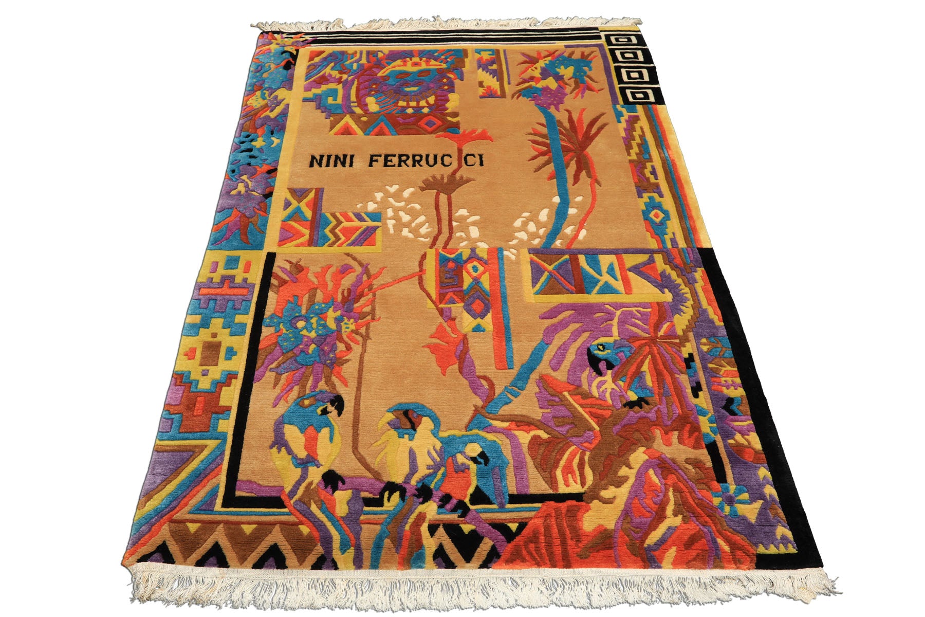 4x6 Tan, Purple, Black Color Hand Knotted Tibetan New Zealand Wool Modern & Contemporary Oriental Rug