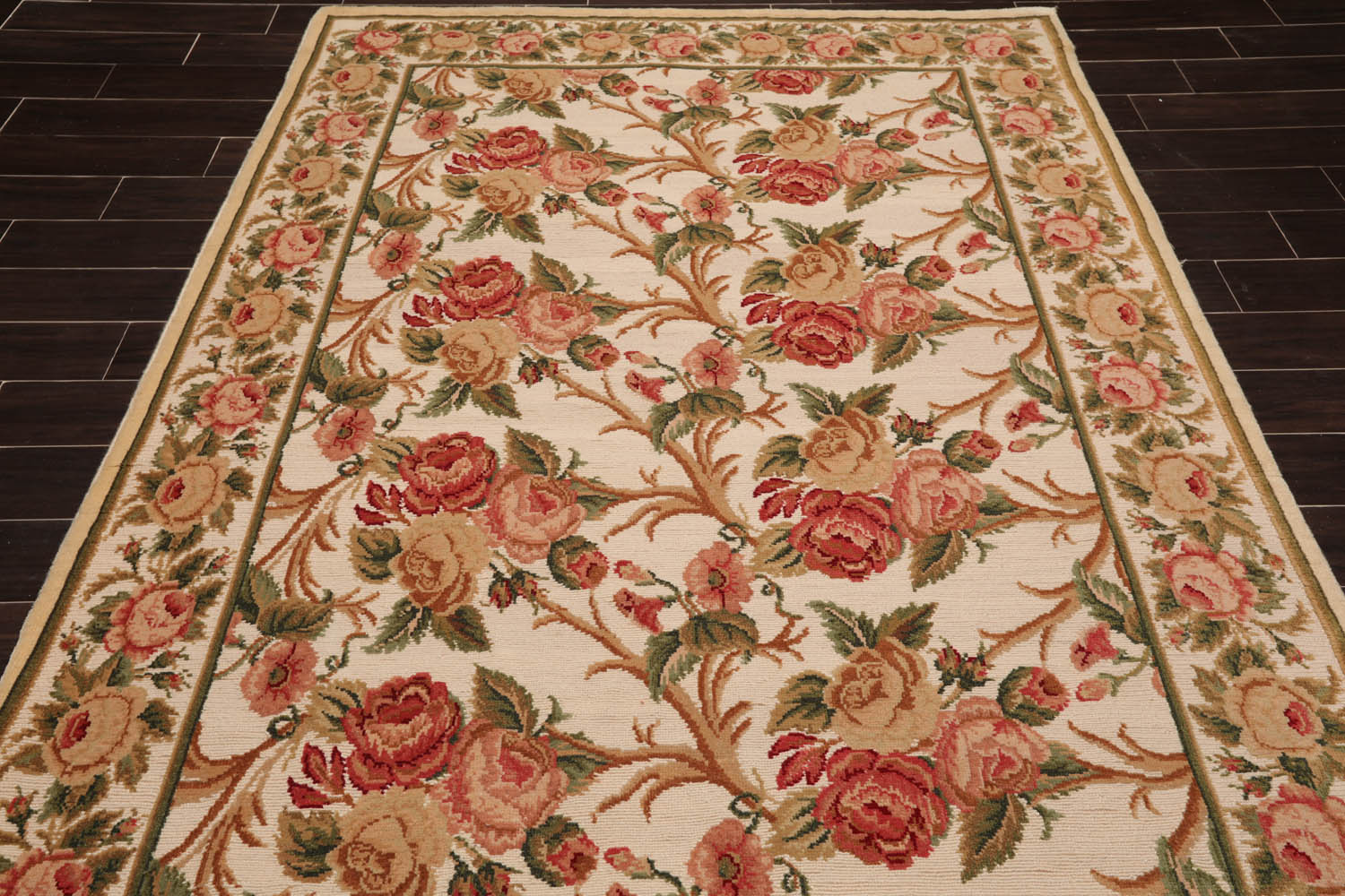 6x9 Beige, Rose, Green Color Hand Knotted All-Over 100% Wool Traditional Oriental Rug