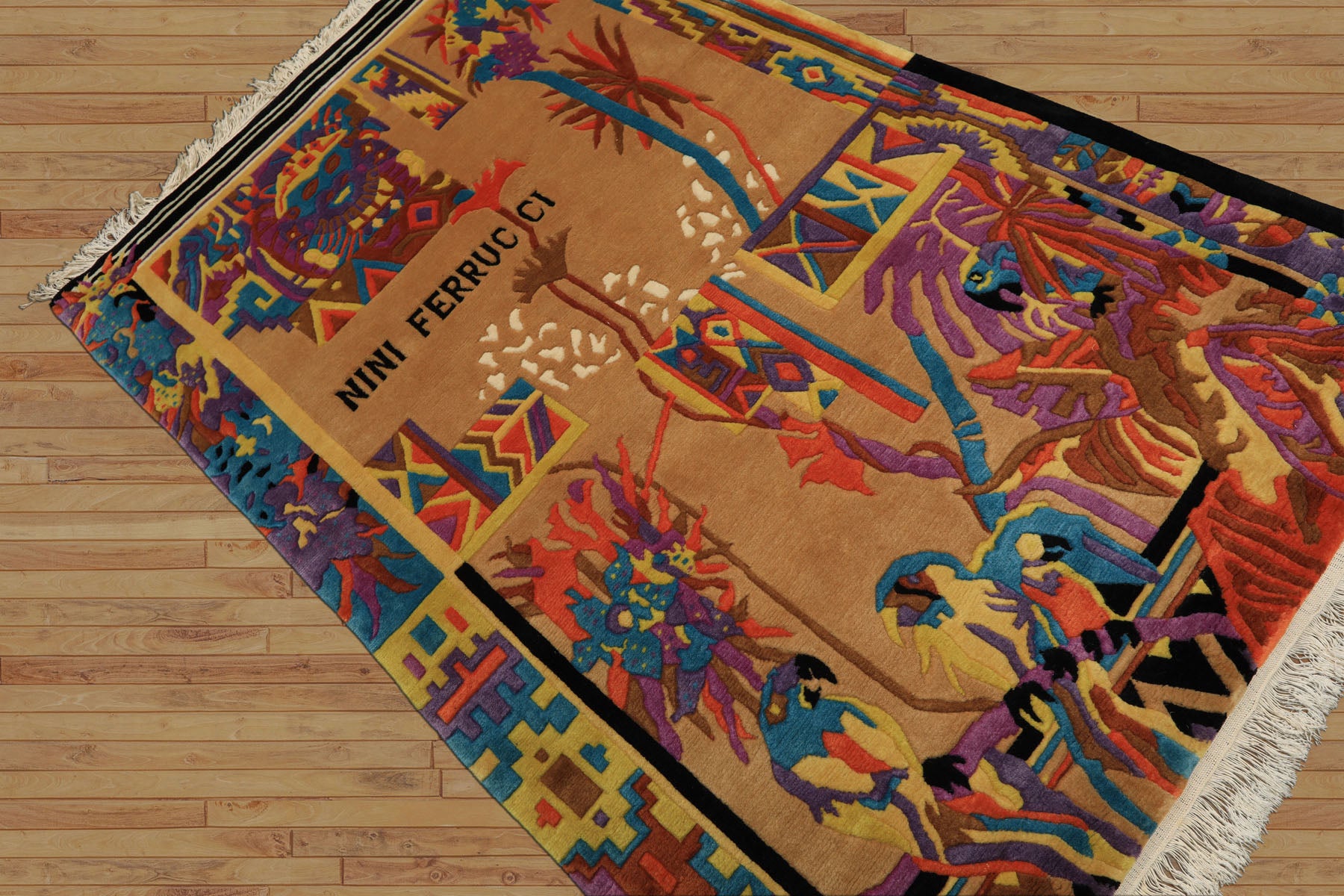 4x6 Tan, Purple, Black Color Hand Knotted Tibetan New Zealand Wool Modern & Contemporary Oriental Rug