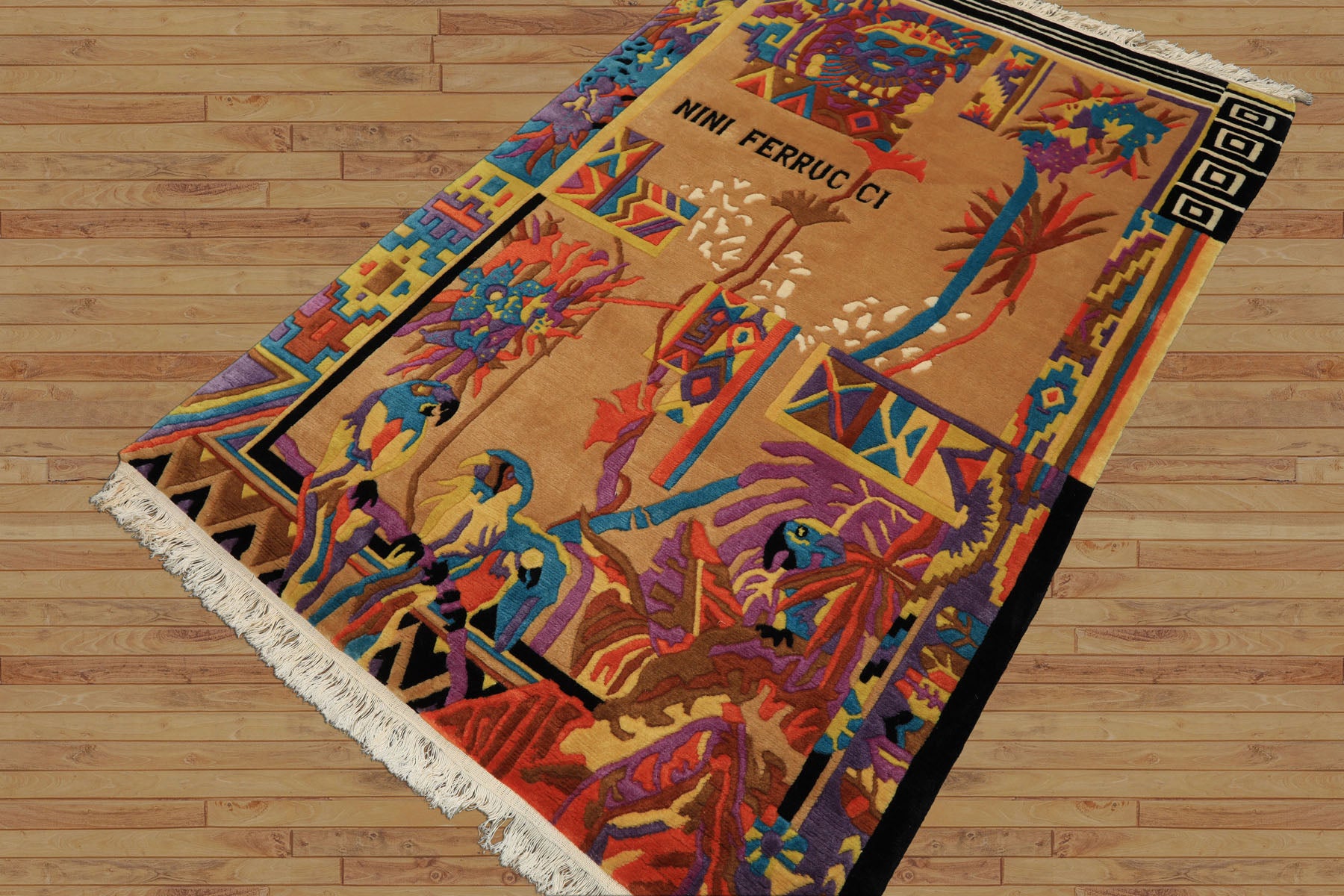 4x6 Tan, Purple, Black Color Hand Knotted Tibetan New Zealand Wool Modern & Contemporary Oriental Rug