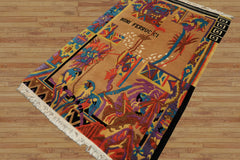 4x6 Tan, Purple, Black Color Hand Knotted Tibetan New Zealand Wool Modern & Contemporary Oriental Rug