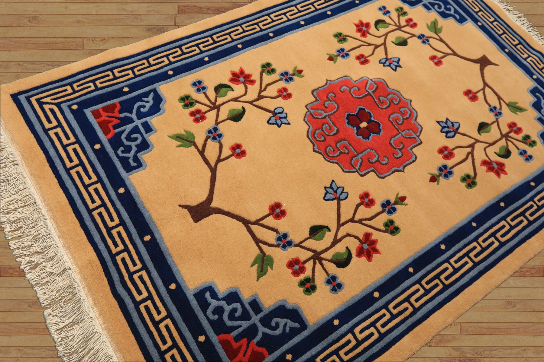 4x6 Tan, Navy, Coral Color Hand Knotted Tibetan Wool Chinese Art Deco Oriental Rug