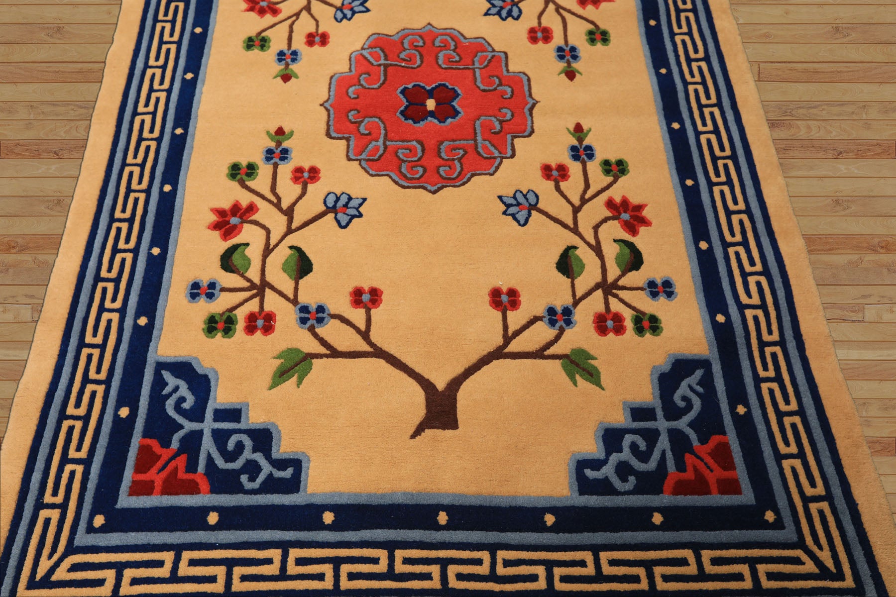 4x6 Tan, Navy, Coral Color Hand Knotted Tibetan Wool Chinese Art Deco Oriental Rug