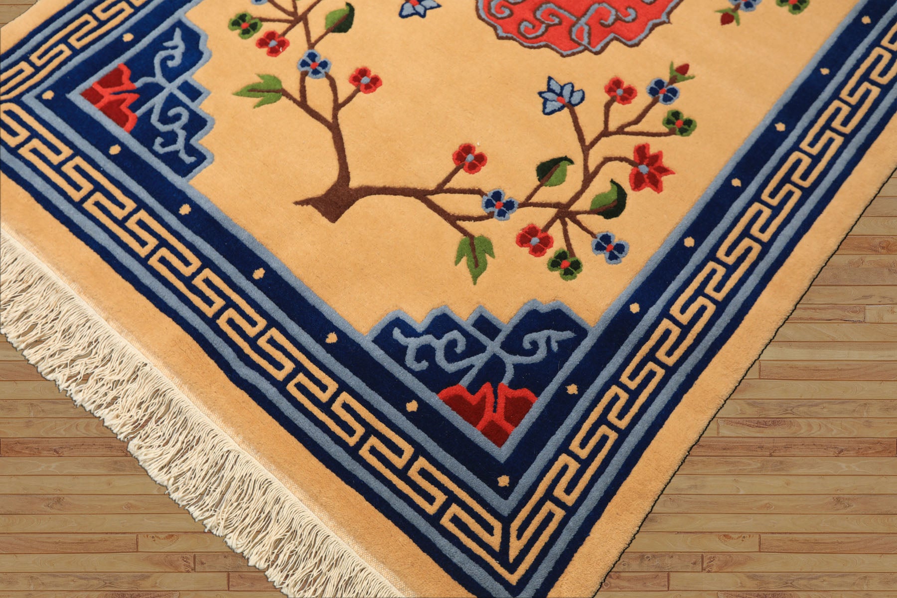 4x6 Tan, Navy, Coral Color Hand Knotted Tibetan Wool Chinese Art Deco Oriental Rug