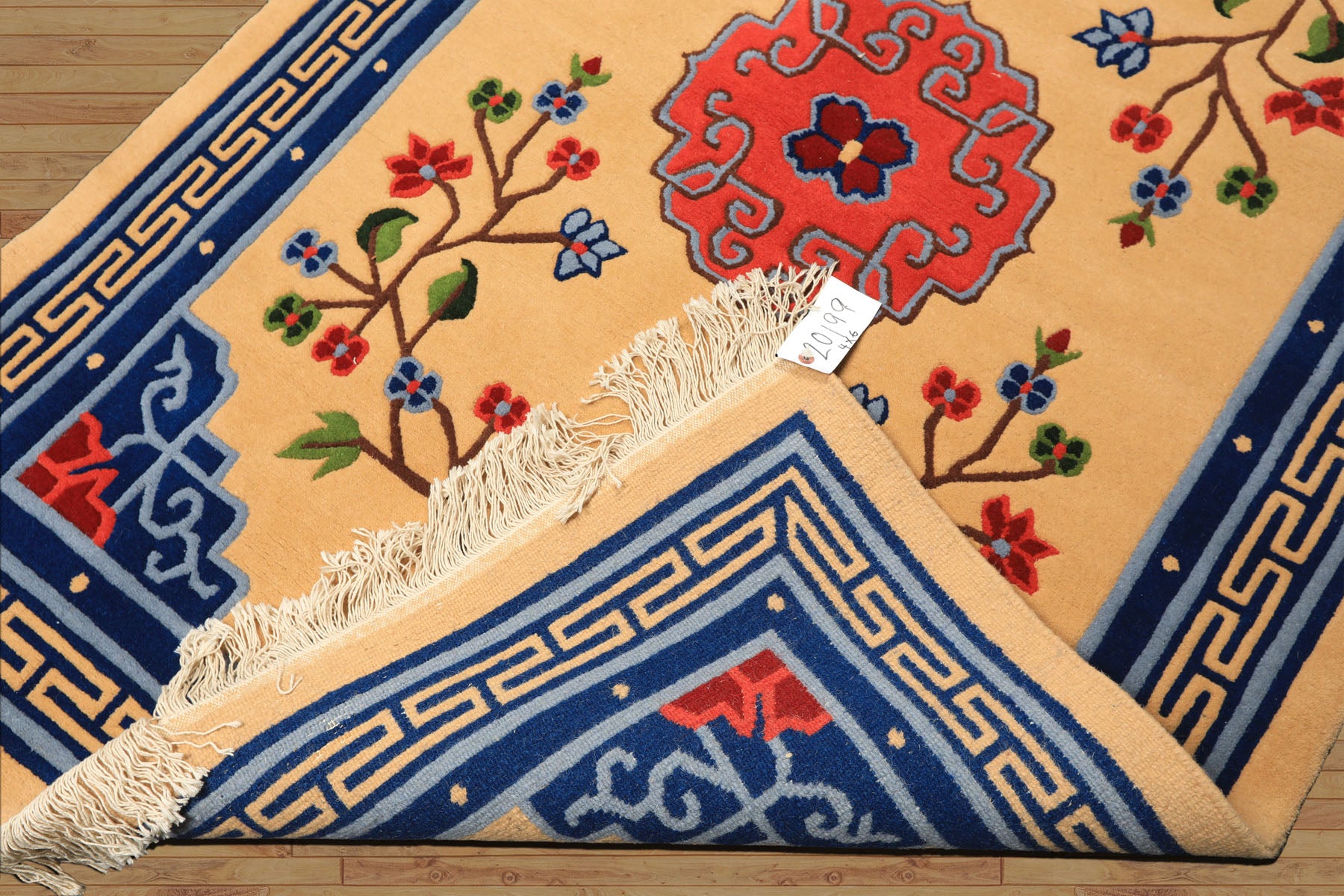 4x6 Tan, Navy, Coral Color Hand Knotted Tibetan Wool Chinese Art Deco Oriental Rug