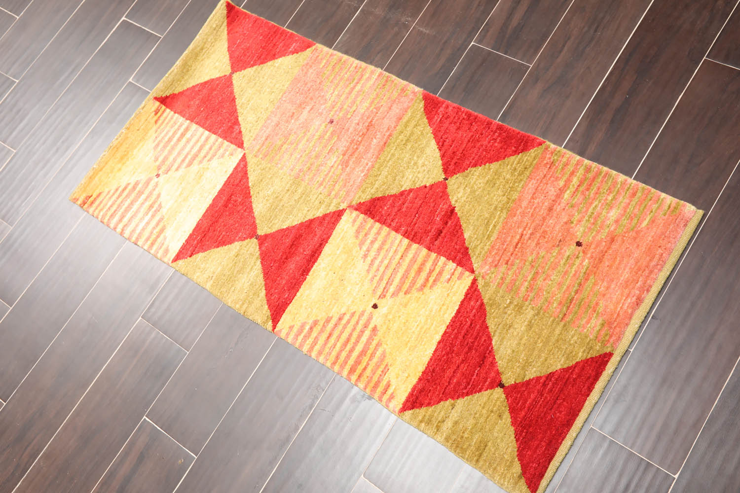 2x3 Gold, Mustard, Red Color Hand Knotted Geometric 100% Wool Contemporary Oriental Rug