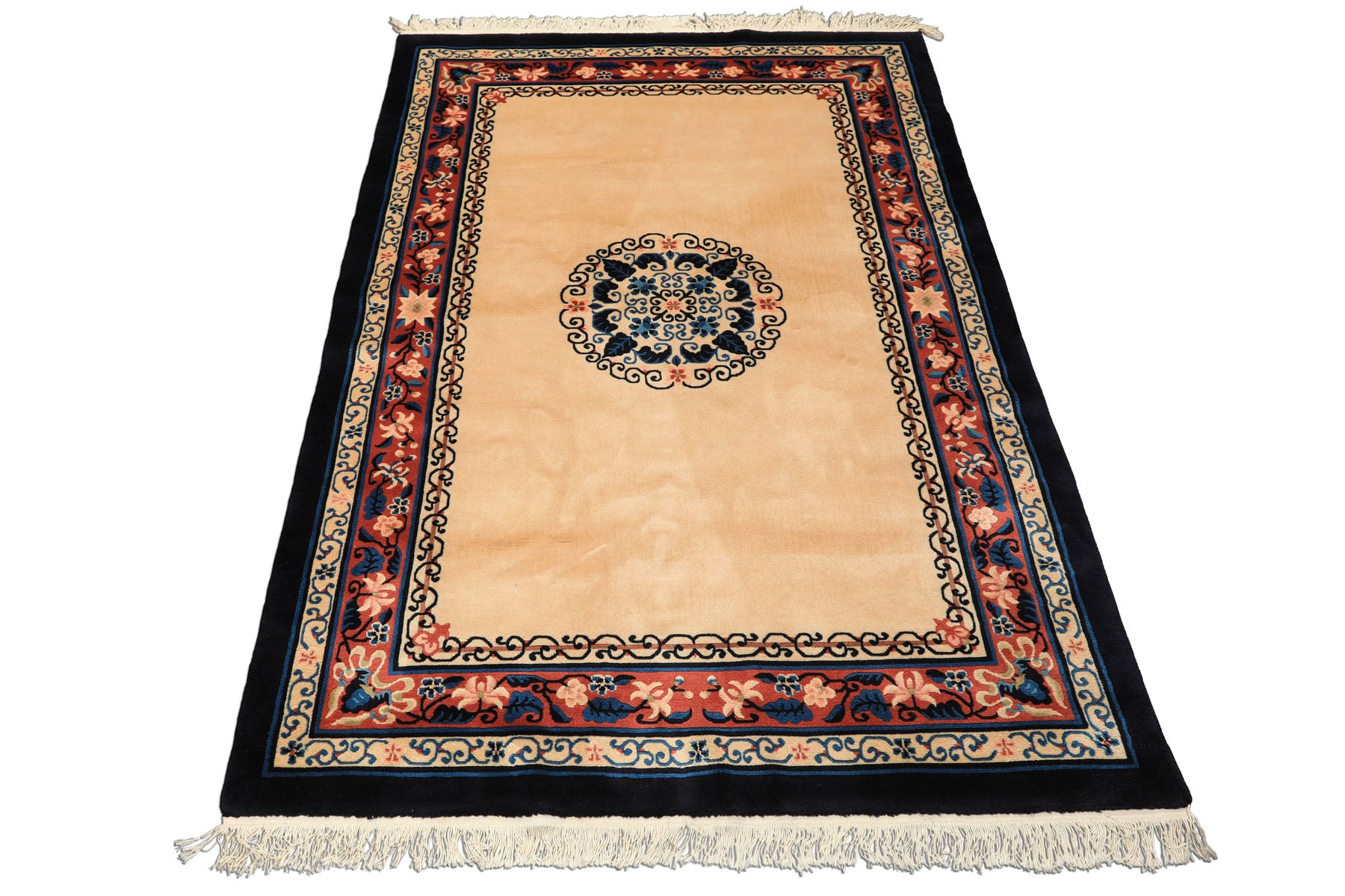4x6 Light Peach, Caramel, Midnight Color Hand Knotted Chinese Art Deco Wool Traditional Oriental Rug