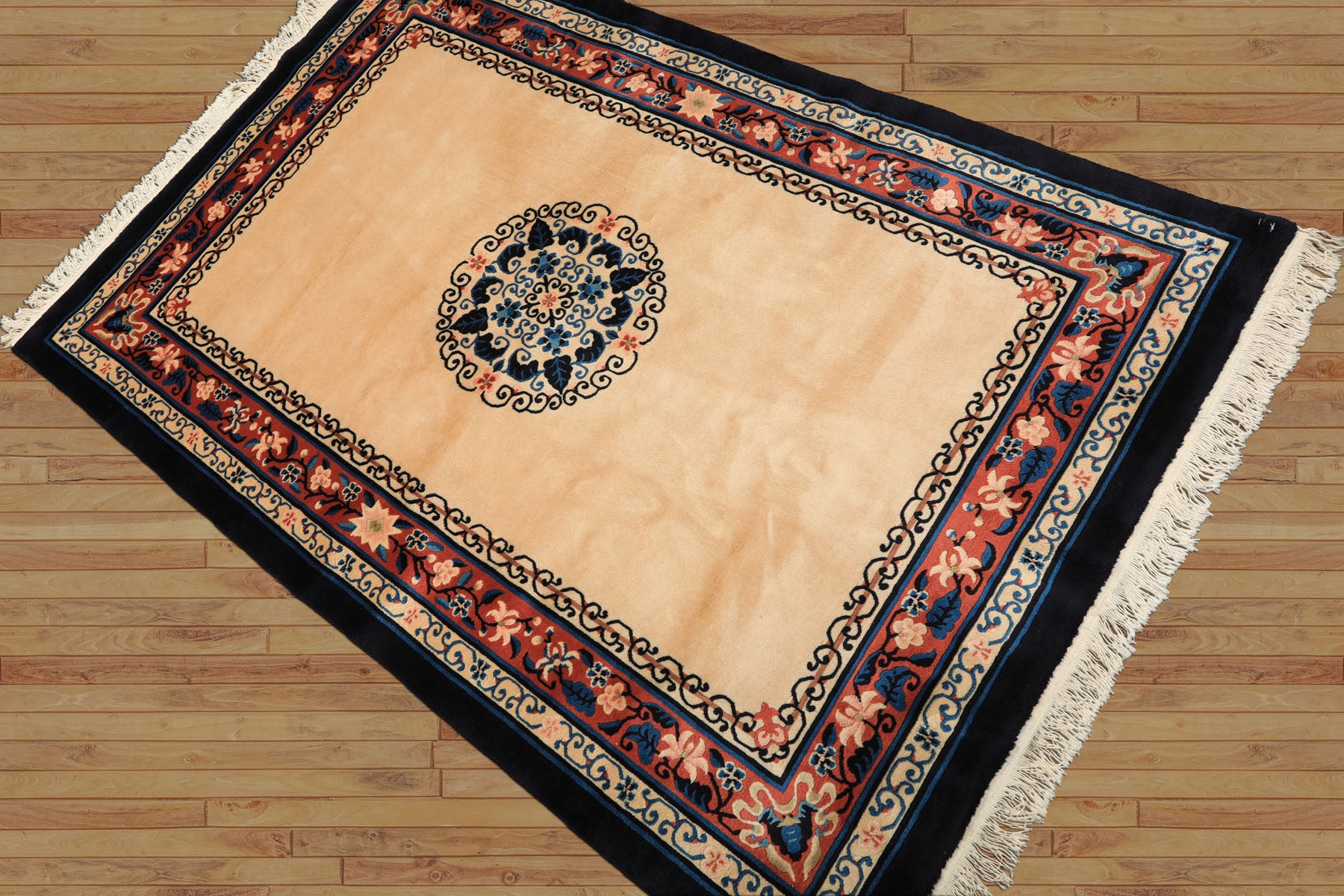 4x6 Light Peach, Caramel, Midnight Color Hand Knotted Chinese Art Deco Wool Traditional Oriental Rug