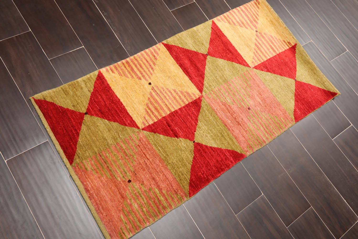 2x3 Gold, Mustard, Red Color Hand Knotted Geometric 100% Wool Contemporary Oriental Rug