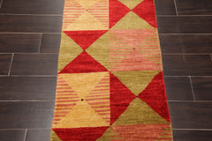 2x3 Gold, Mustard, Red Color Hand Knotted Geometric 100% Wool Contemporary Oriental Rug