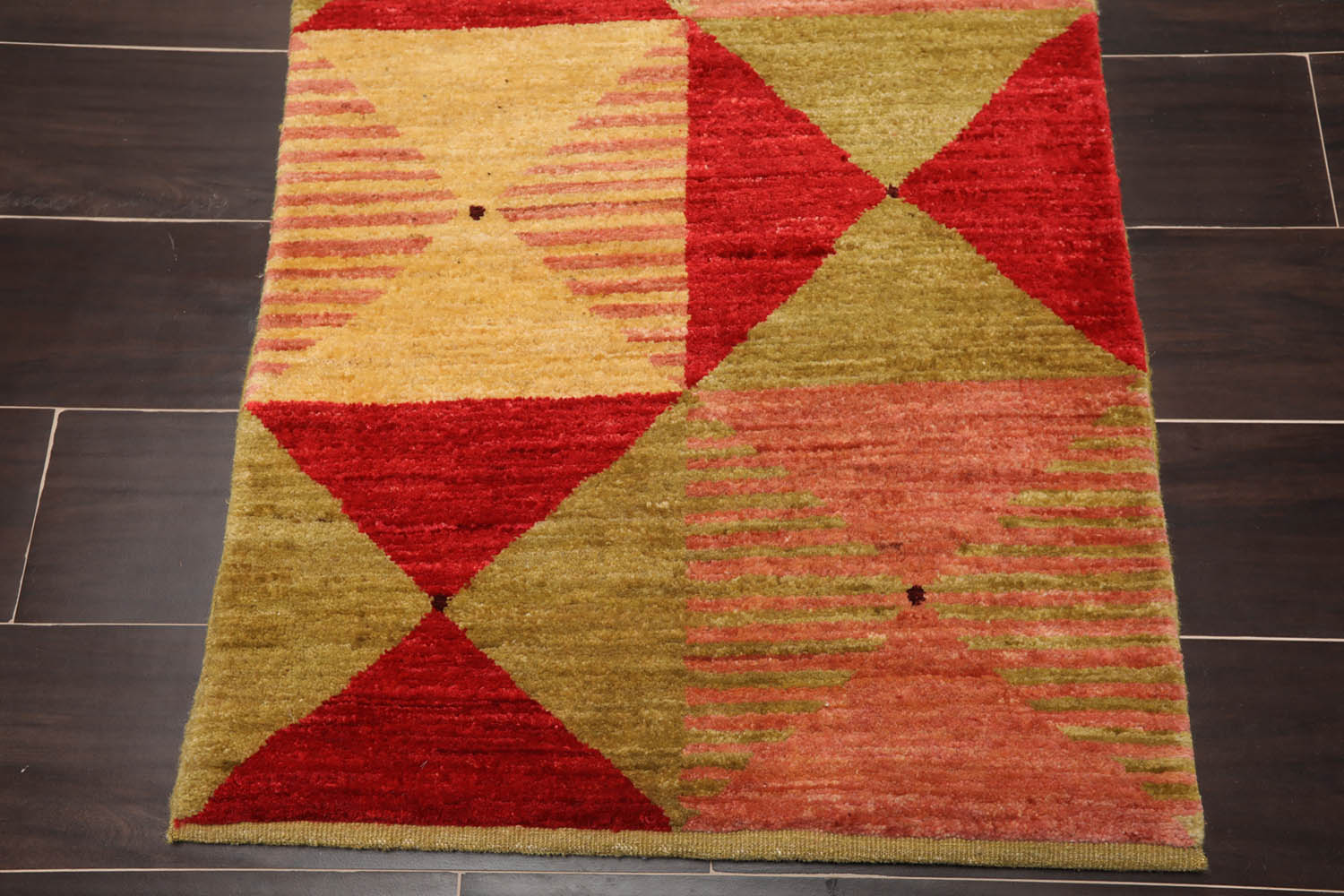 2x3 Gold, Mustard, Red Color Hand Knotted Geometric 100% Wool Contemporary Oriental Rug