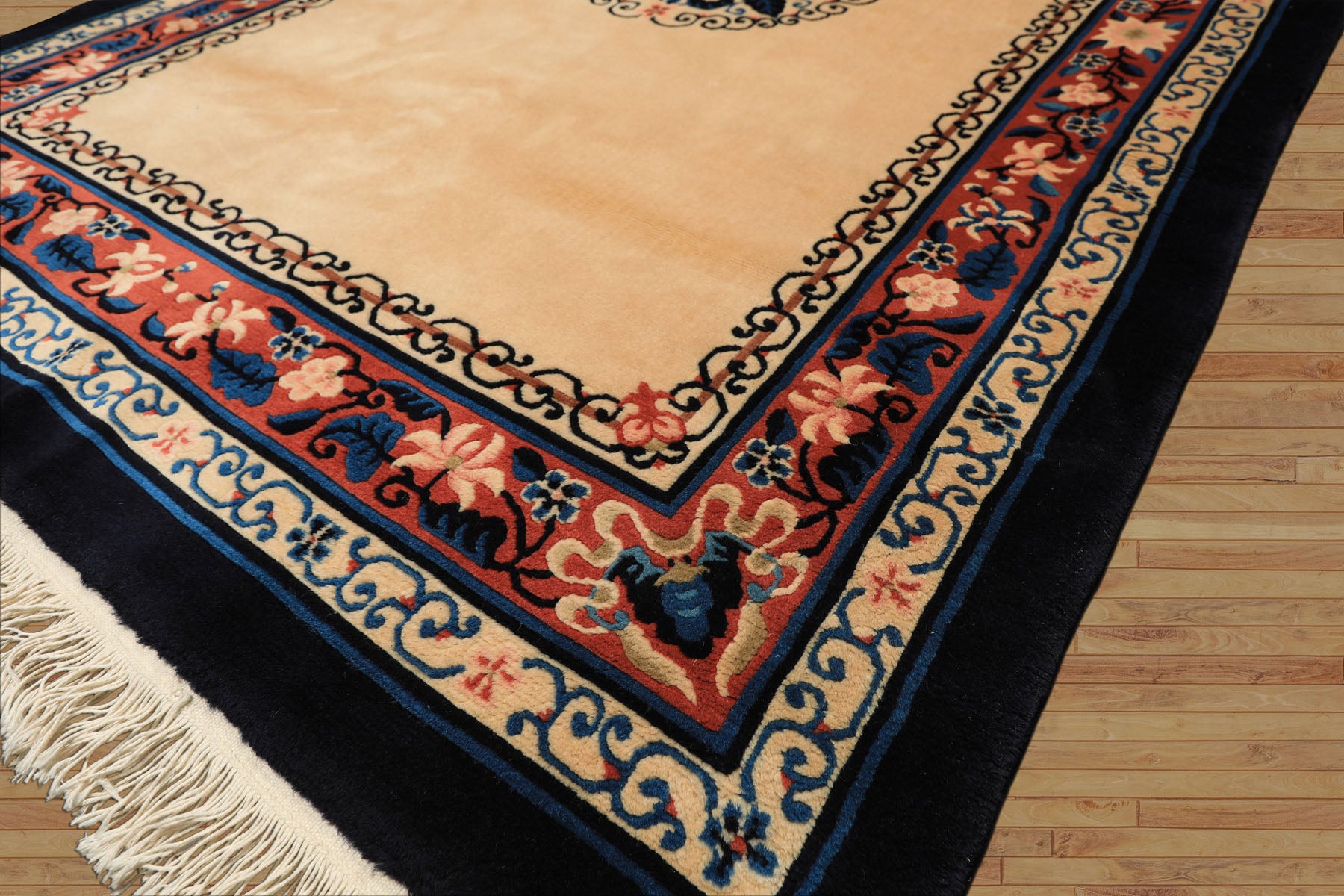 4x6 Light Peach, Caramel, Midnight Color Hand Knotted Chinese Art Deco Wool Traditional Oriental Rug