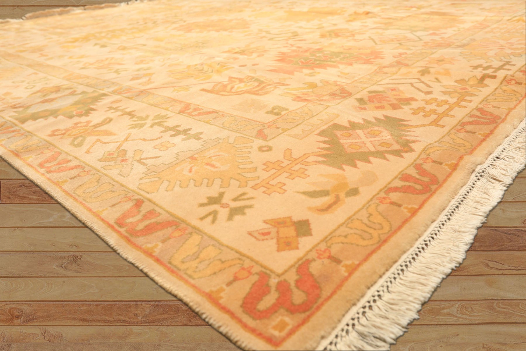 8x10 Ivory, Tan, Lime Color Hand Knotted Tibetan New Zealand Wool Traditional Oriental Rug