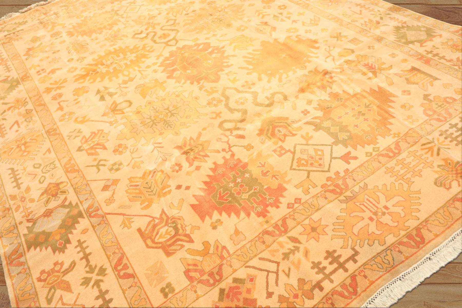 8x10 Ivory, Tan, Lime Color Hand Knotted Tibetan New Zealand Wool Traditional Oriental Rug