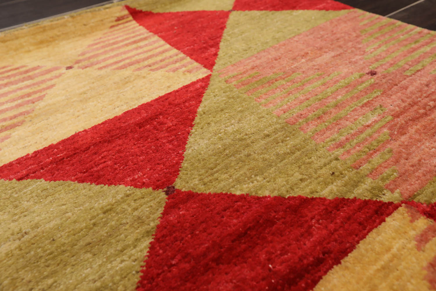 2x3 Gold, Mustard, Red Color Hand Knotted Geometric 100% Wool Contemporary Oriental Rug