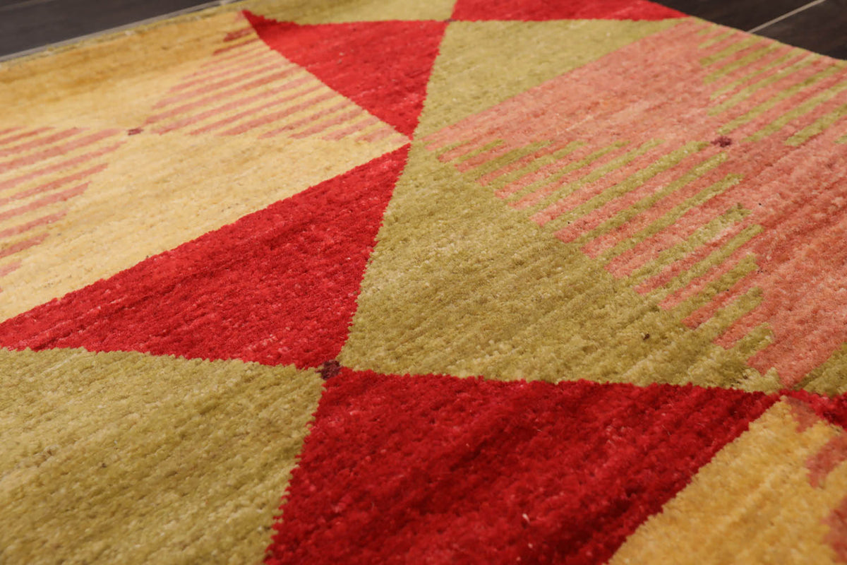 2x3 Gold, Mustard, Red Color Hand Knotted Geometric 100% Wool Contemporary Oriental Rug