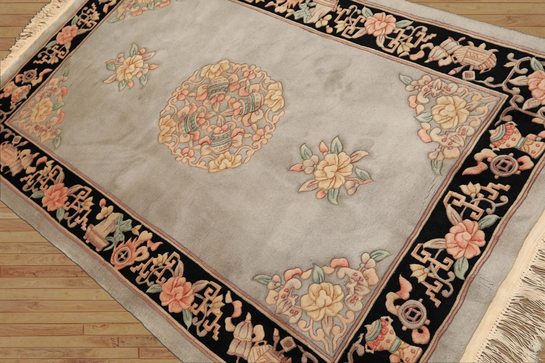 4x6 Gray, Black, Taupe Color Hand Knotted French Aubusson Savonnerie Wool Traditional Oriental Rug