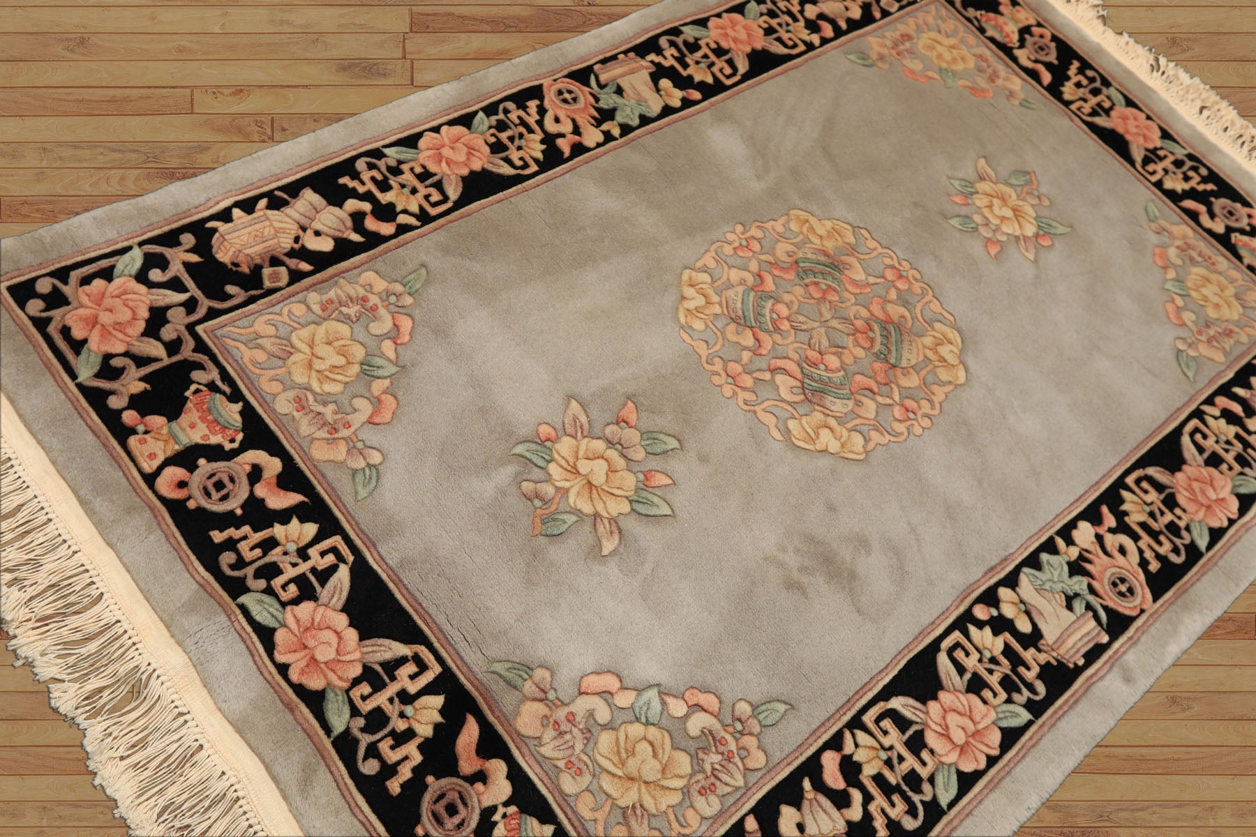 4x6 Gray, Black, Taupe Color Hand Knotted French Aubusson Savonnerie Wool Traditional Oriental Rug