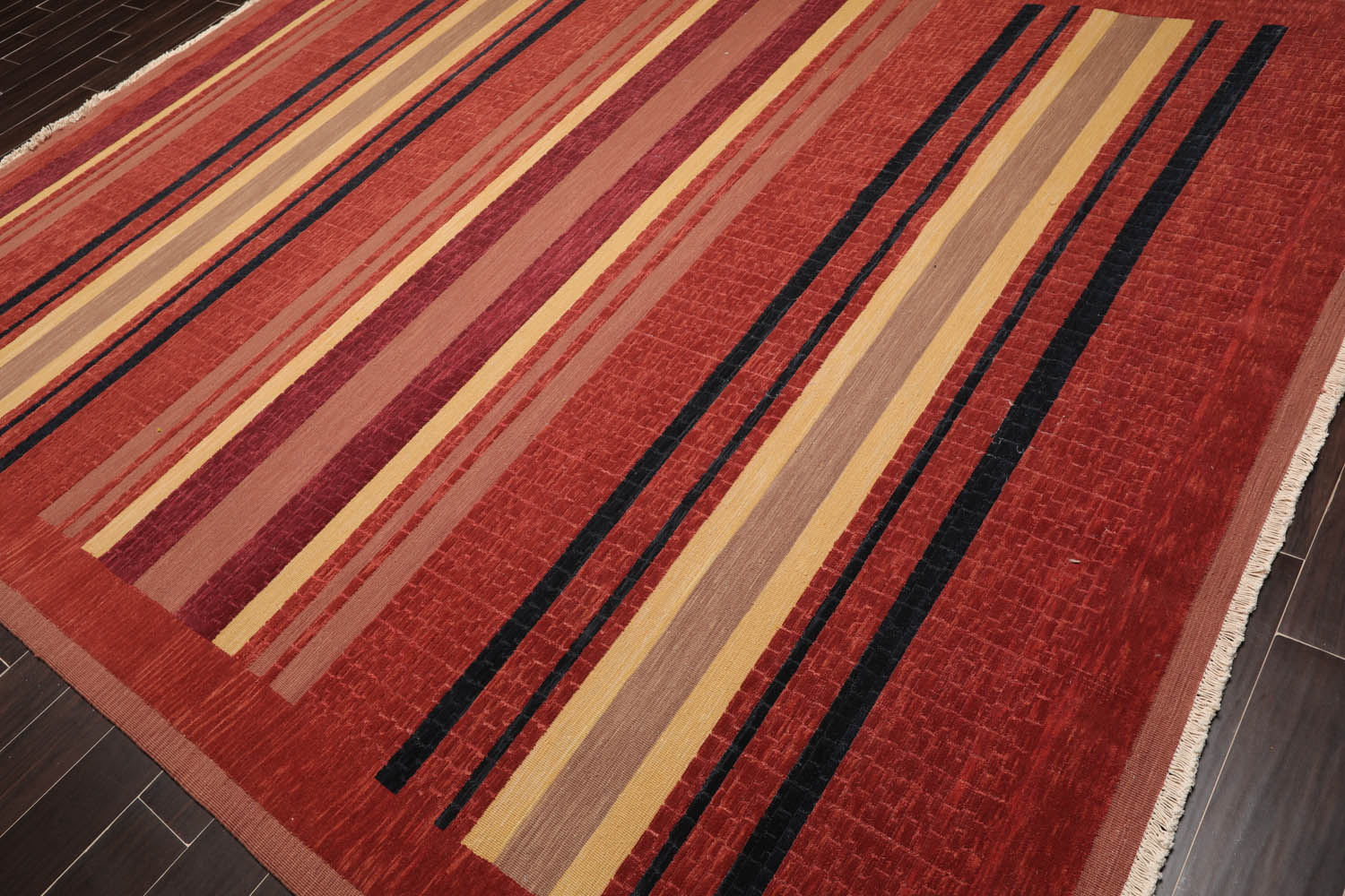 9x12 Rust, Brown, Navy Color Hand Knotted Striped 100% Wool Modern Oriental Rug