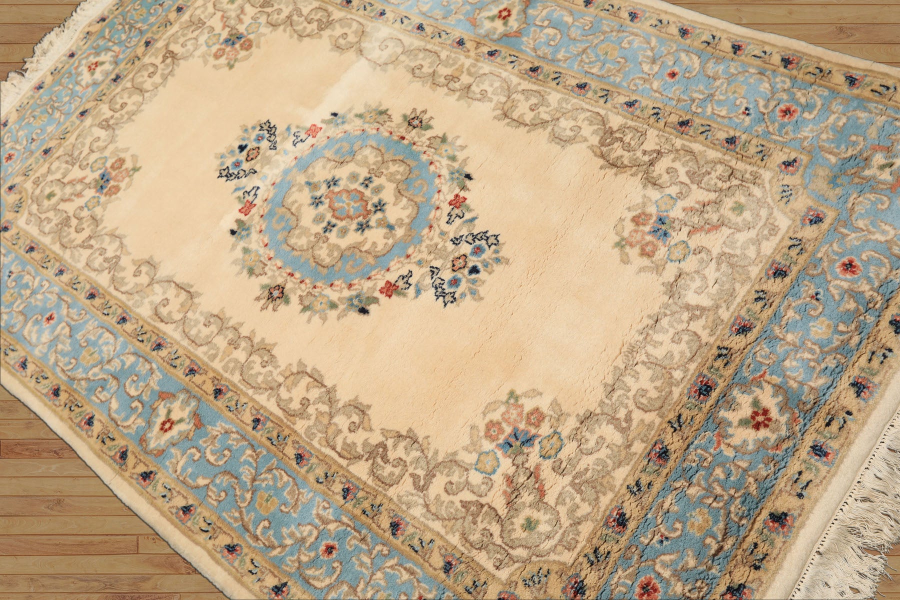 4x6 Ivory, Aqua, Tan Color Hand Knotted Indo Kerman Wool Traditional Oriental Rug