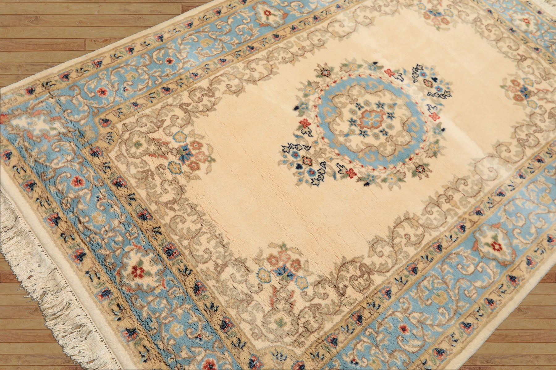 4x6 Ivory, Aqua, Tan Color Hand Knotted Indo Kerman Wool Traditional Oriental Rug