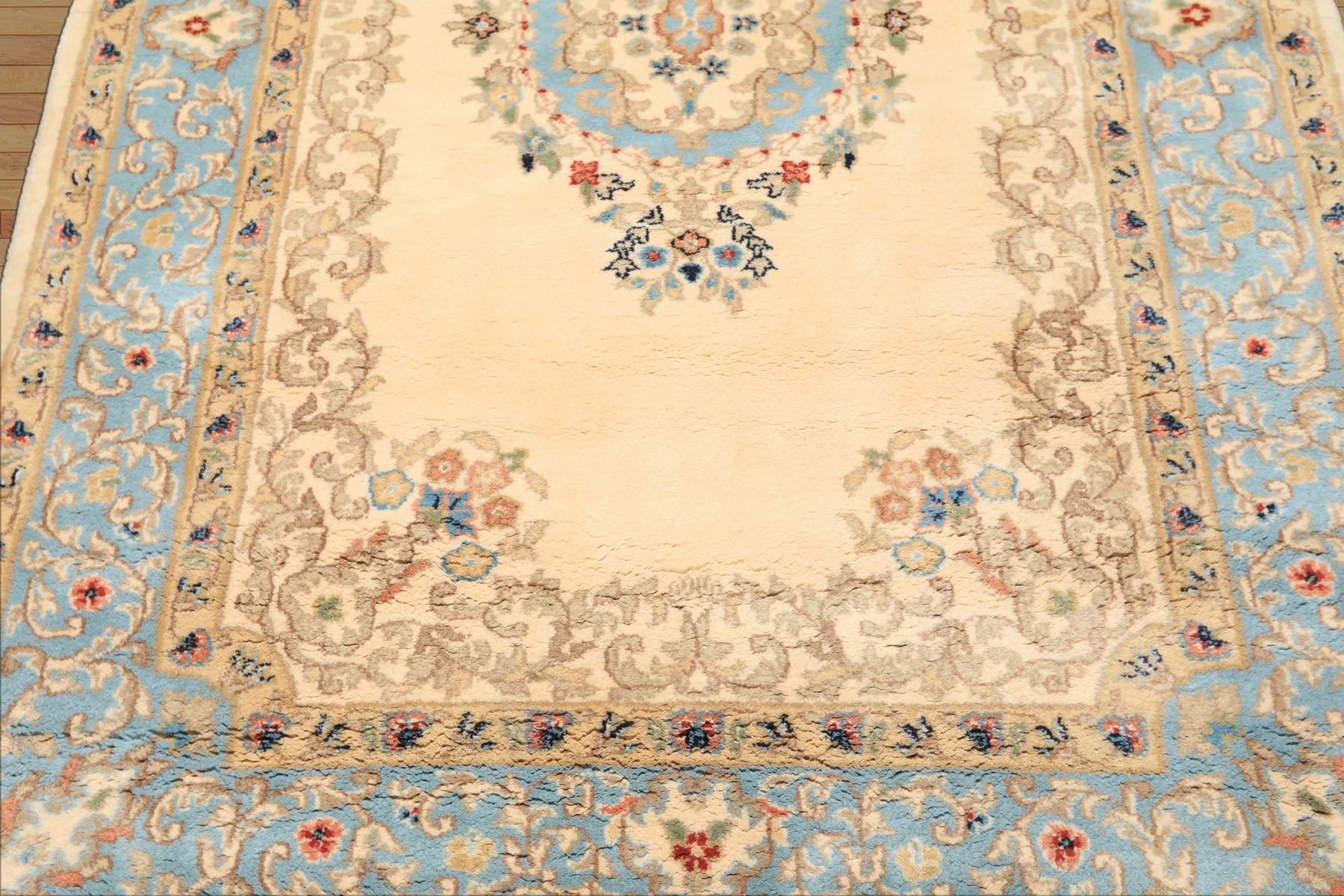 4x6 Ivory, Aqua, Tan Color Hand Knotted Indo Kerman Wool Traditional Oriental Rug