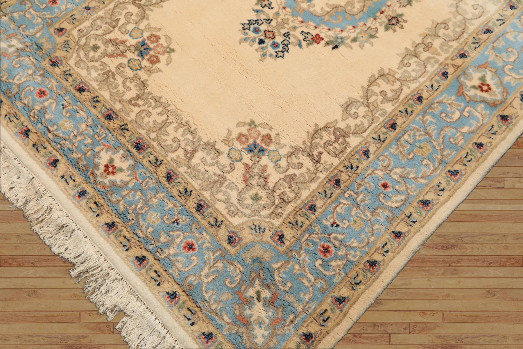 4x6 Ivory, Aqua, Tan Color Hand Knotted Indo Kerman Wool Traditional Oriental Rug
