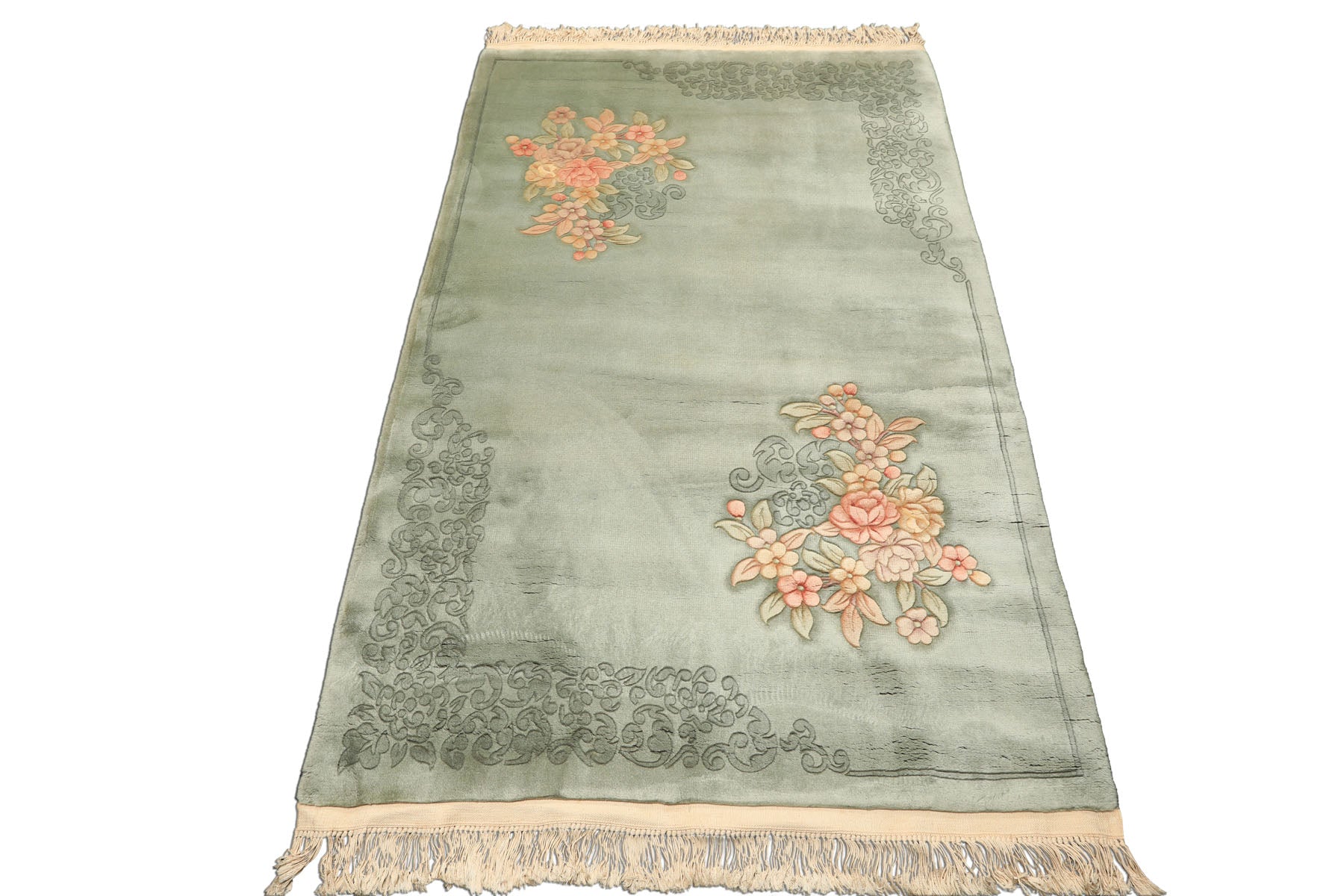 4x6 Celadon, Blush, Gold Color Hand Knotted Chinese Art Deco Wool Traditional Oriental Rug