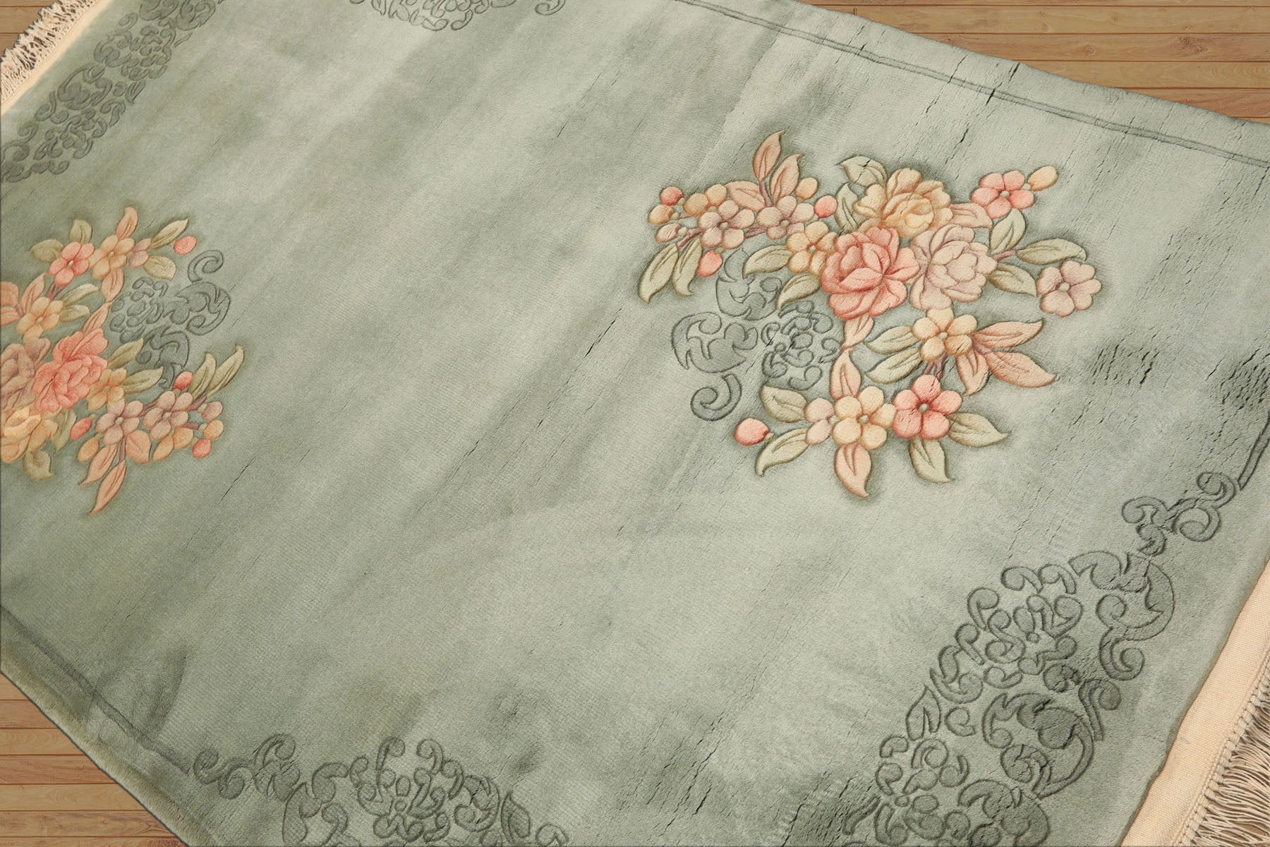 4x6 Celadon, Blush, Gold Color Hand Knotted Chinese Art Deco Wool Traditional Oriental Rug