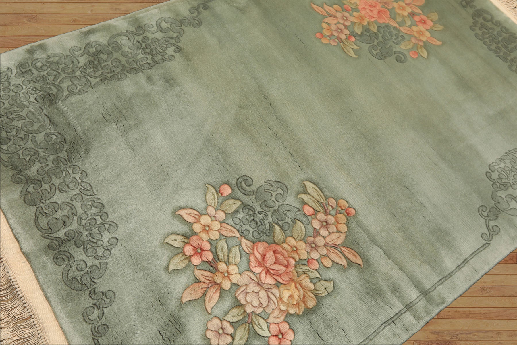 4x6 Celadon, Blush, Gold Color Hand Knotted Chinese Art Deco Wool Traditional Oriental Rug