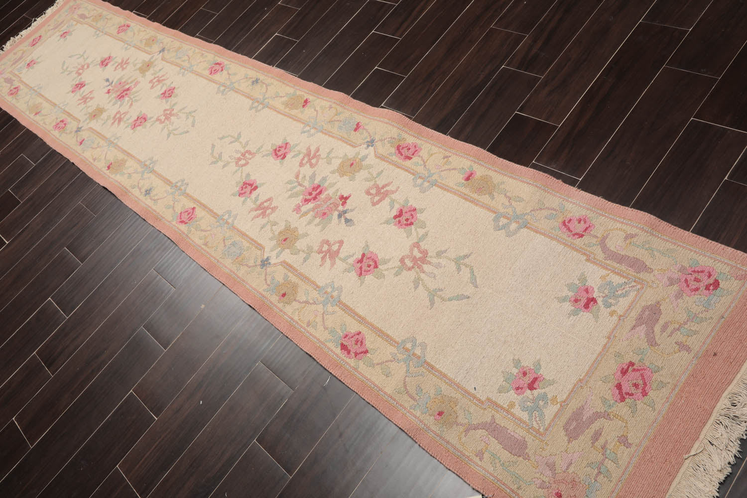 Runner Beige, Blush, Blue Color Hand Knotted All-Over 100% Wool Traditional Oriental Rug