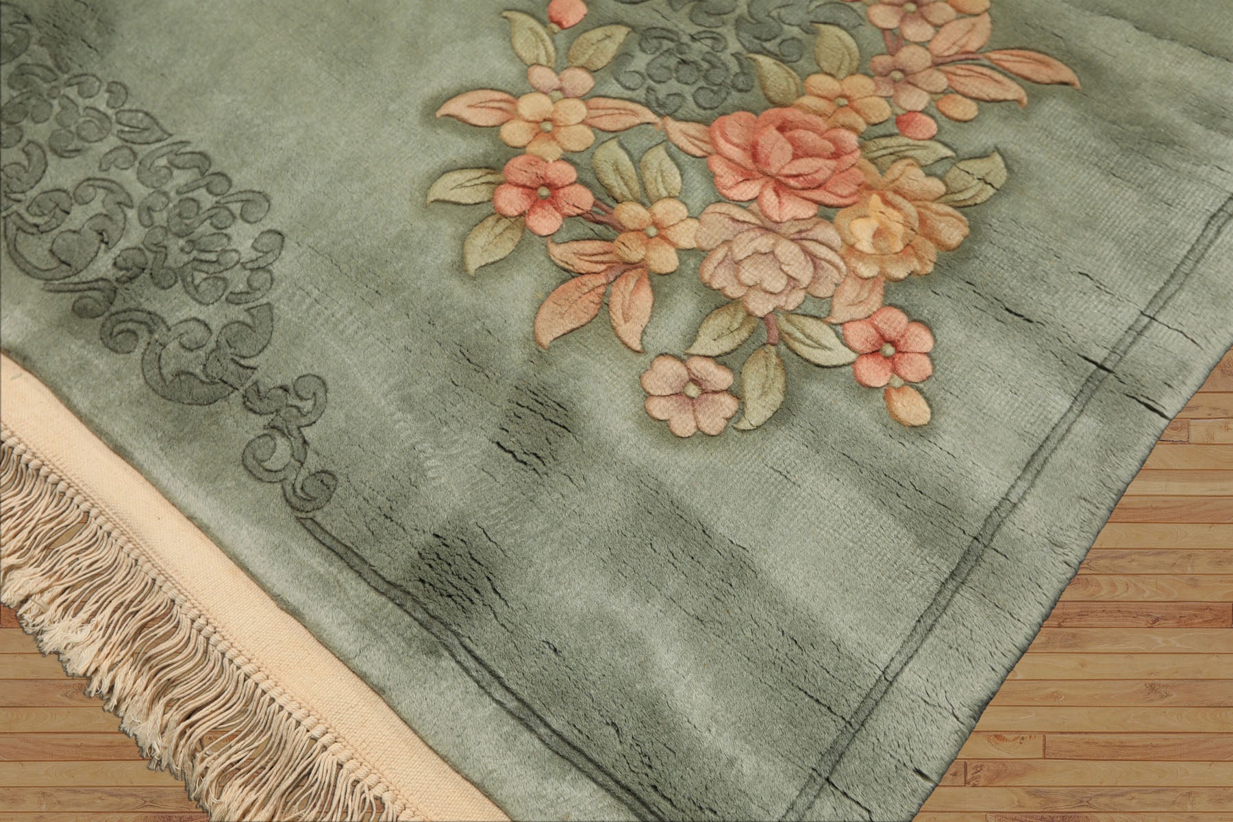 4x6 Celadon, Blush, Gold Color Hand Knotted Chinese Art Deco Wool Traditional Oriental Rug