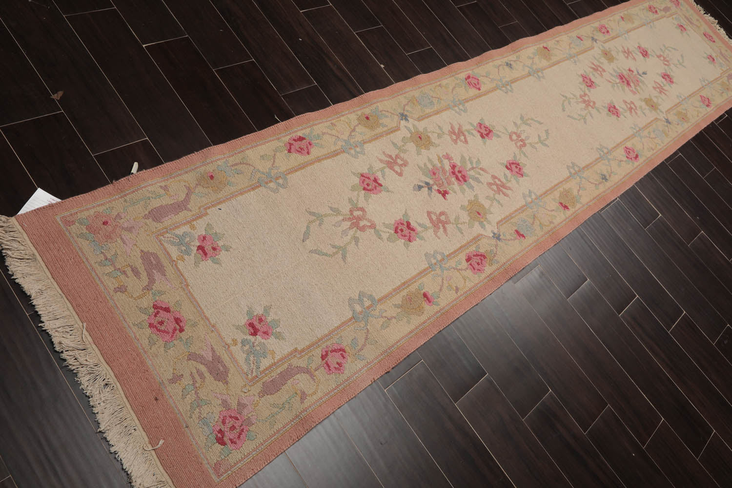 Runner Beige, Blush, Blue Color Hand Knotted All-Over 100% Wool Traditional Oriental Rug
