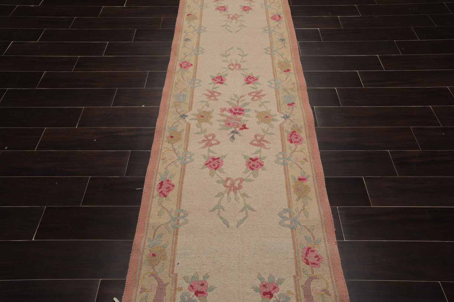 Runner Beige, Blush, Blue Color Hand Knotted All-Over 100% Wool Traditional Oriental Rug