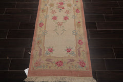 Runner Beige, Blush, Blue Color Hand Knotted All-Over 100% Wool Traditional Oriental Rug
