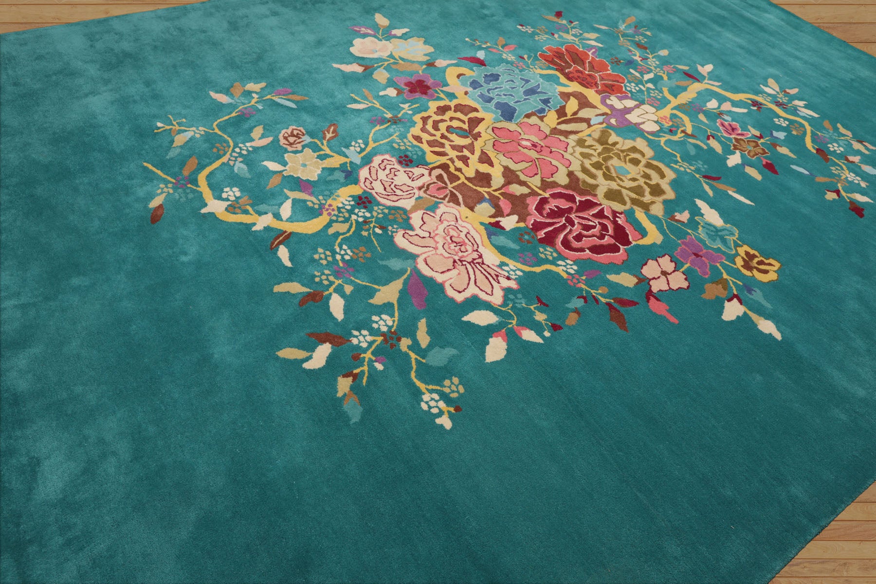 Gaitske Floral Chinese Art Deco New Zealand Wool Hand Tufted Turquoise Oriental Area Rug LoomBloom Multi Sizes