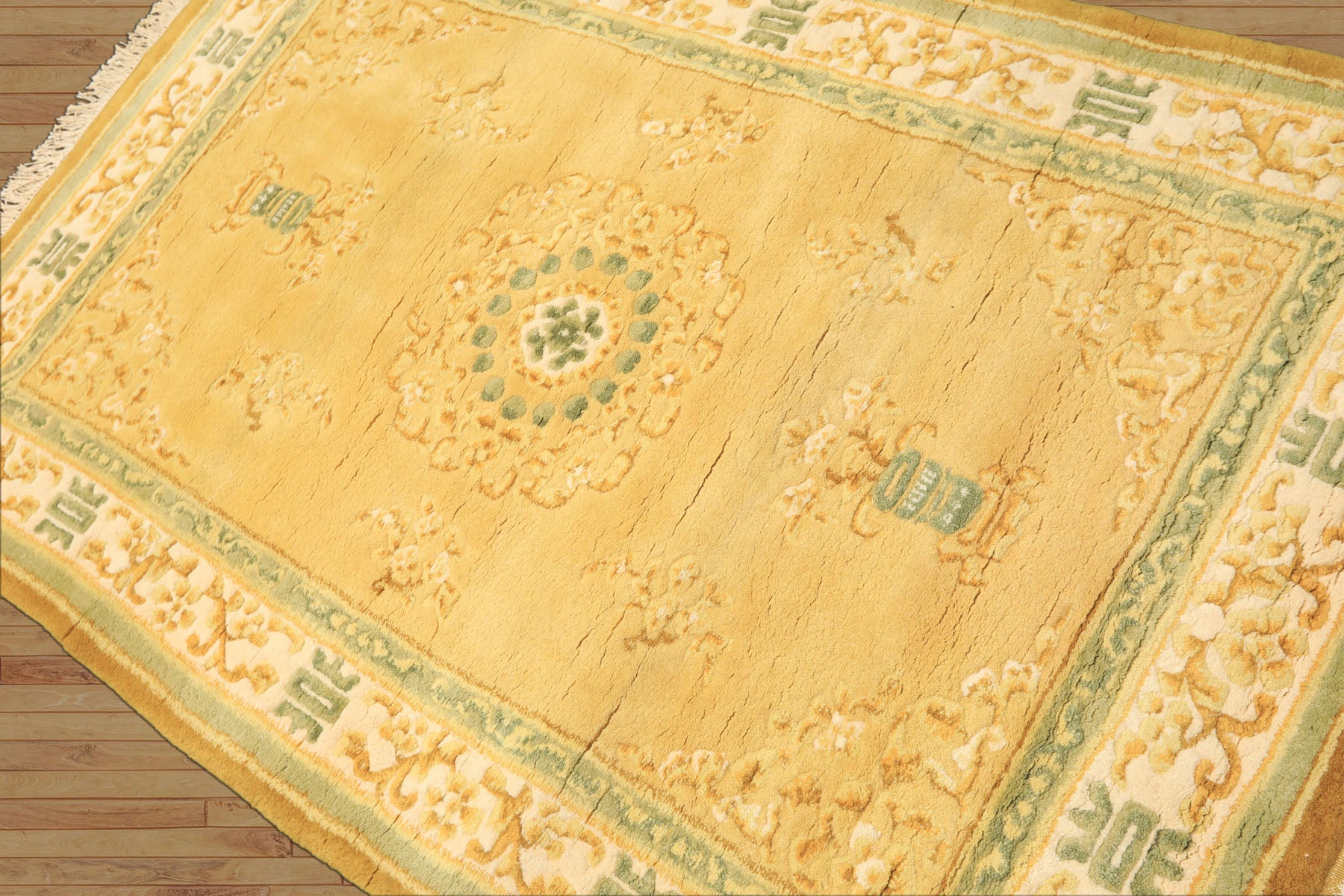 4x6 Gold, Ivory, Sage Color Hand Knotted Indo Tibetan Wool Traditional Oriental Rug