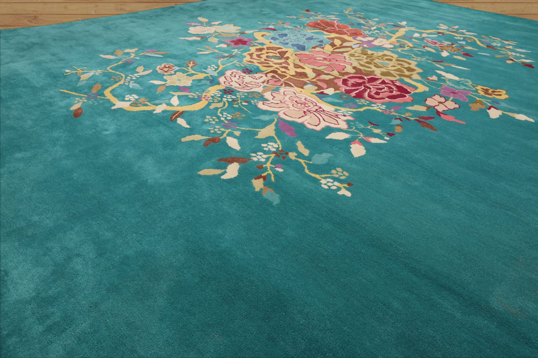 Gaitske Floral Chinese Art Deco New Zealand Wool Hand Tufted Turquoise Oriental Area Rug LoomBloom Multi Sizes