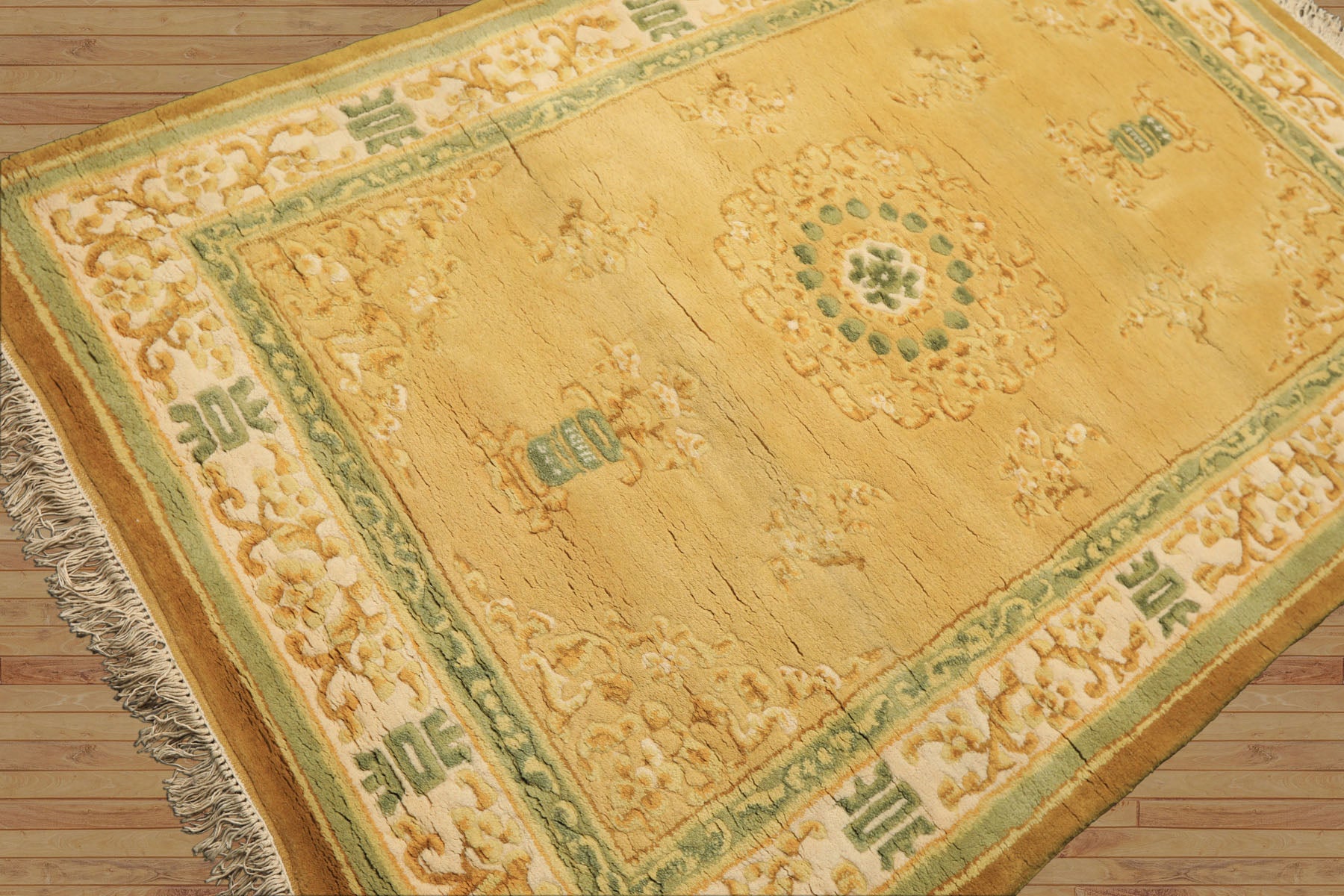 4x6 Gold, Ivory, Sage Color Hand Knotted Indo Tibetan Wool Traditional Oriental Rug