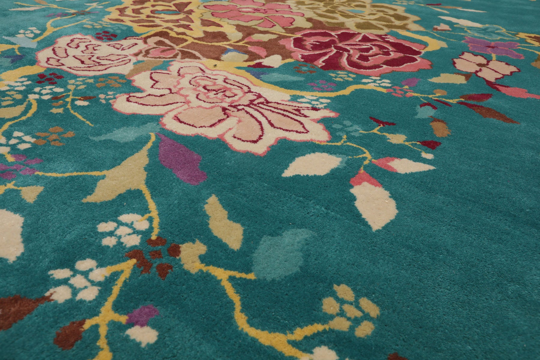 Gaitske Floral Chinese Art Deco New Zealand Wool Hand Tufted Turquoise Oriental Area Rug LoomBloom Multi Sizes