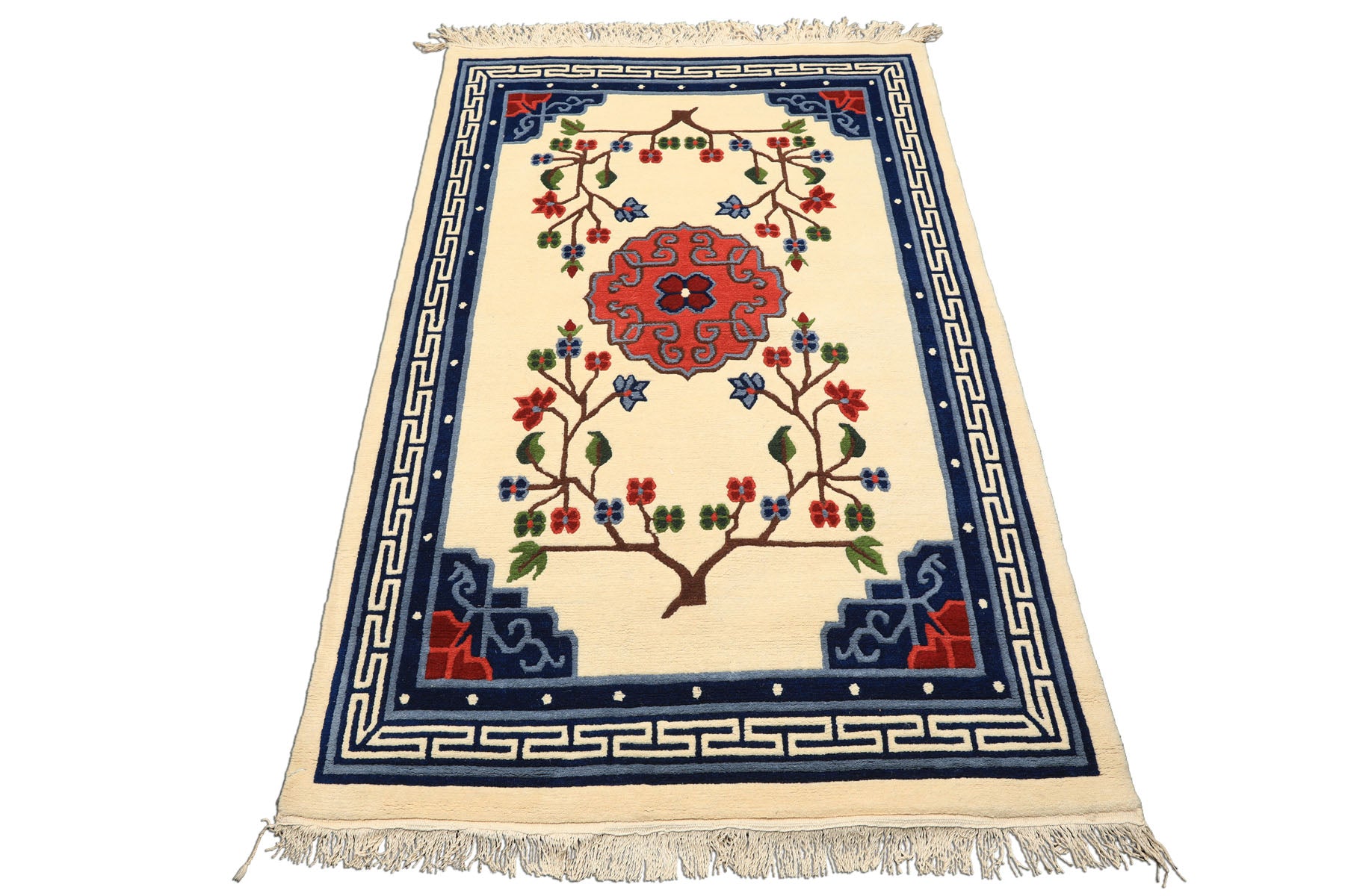 4x6 Ivory, Navy, Green Color Hand Knotted Tibetan Art Deco Wool Traditional Oriental Rug