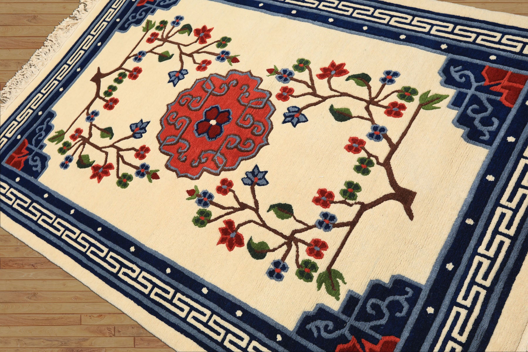 4x6 Ivory, Navy, Green Color Hand Knotted Tibetan Art Deco Wool Traditional Oriental Rug