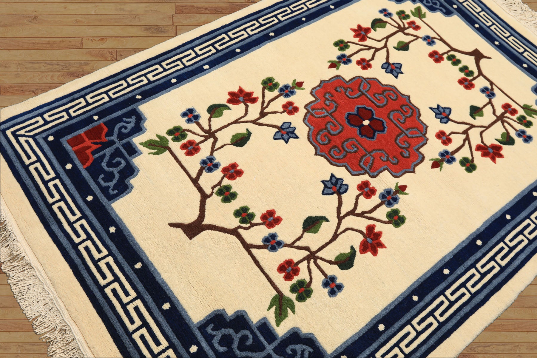 4x6 Ivory, Navy, Green Color Hand Knotted Tibetan Art Deco Wool Traditional Oriental Rug