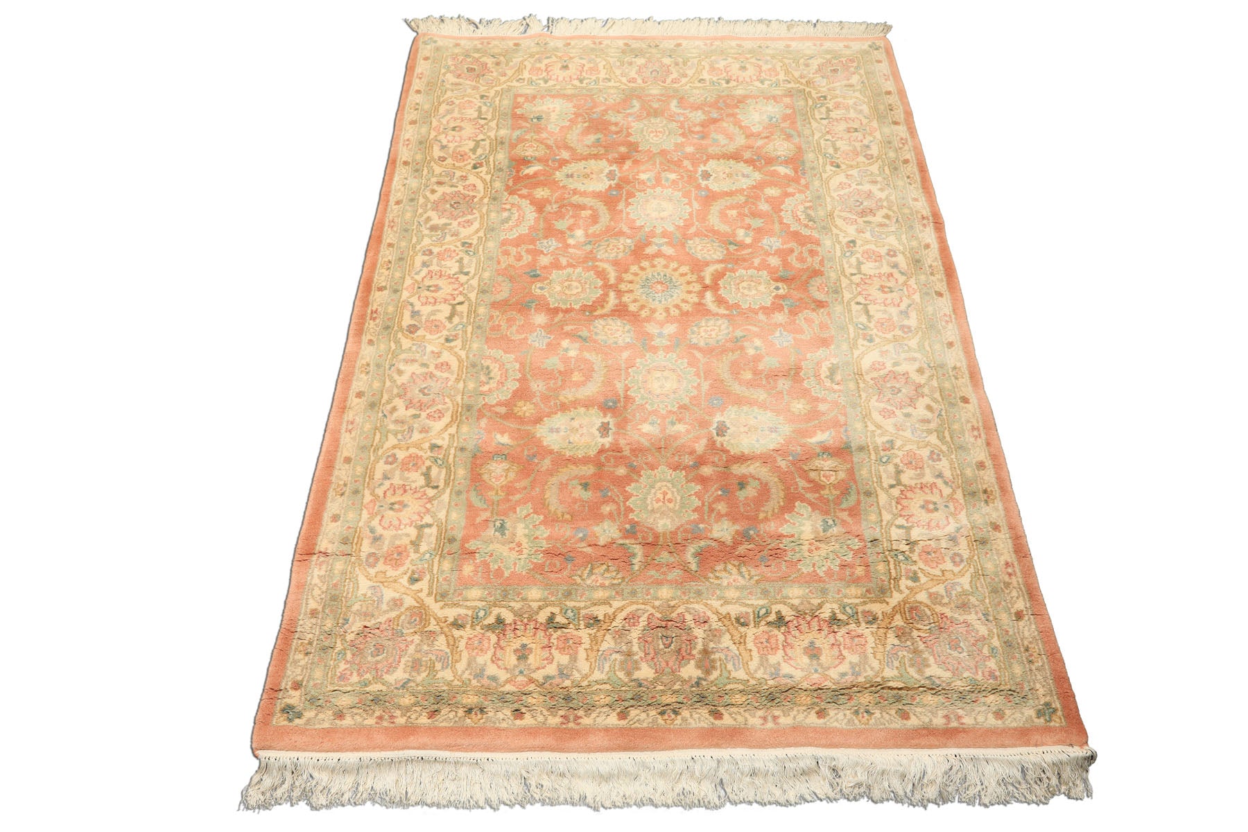 4x6 Blush, Ivory, Mint Color Hand Knotted Indo Kashan Wool Traditional Oriental Rug