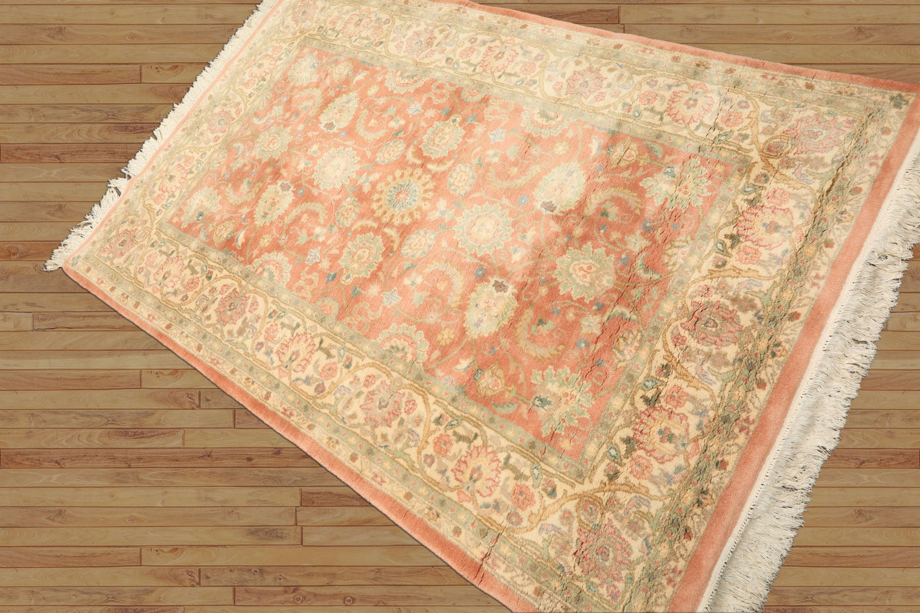 4x6 Blush, Ivory, Mint Color Hand Knotted Indo Kashan Wool Traditional Oriental Rug
