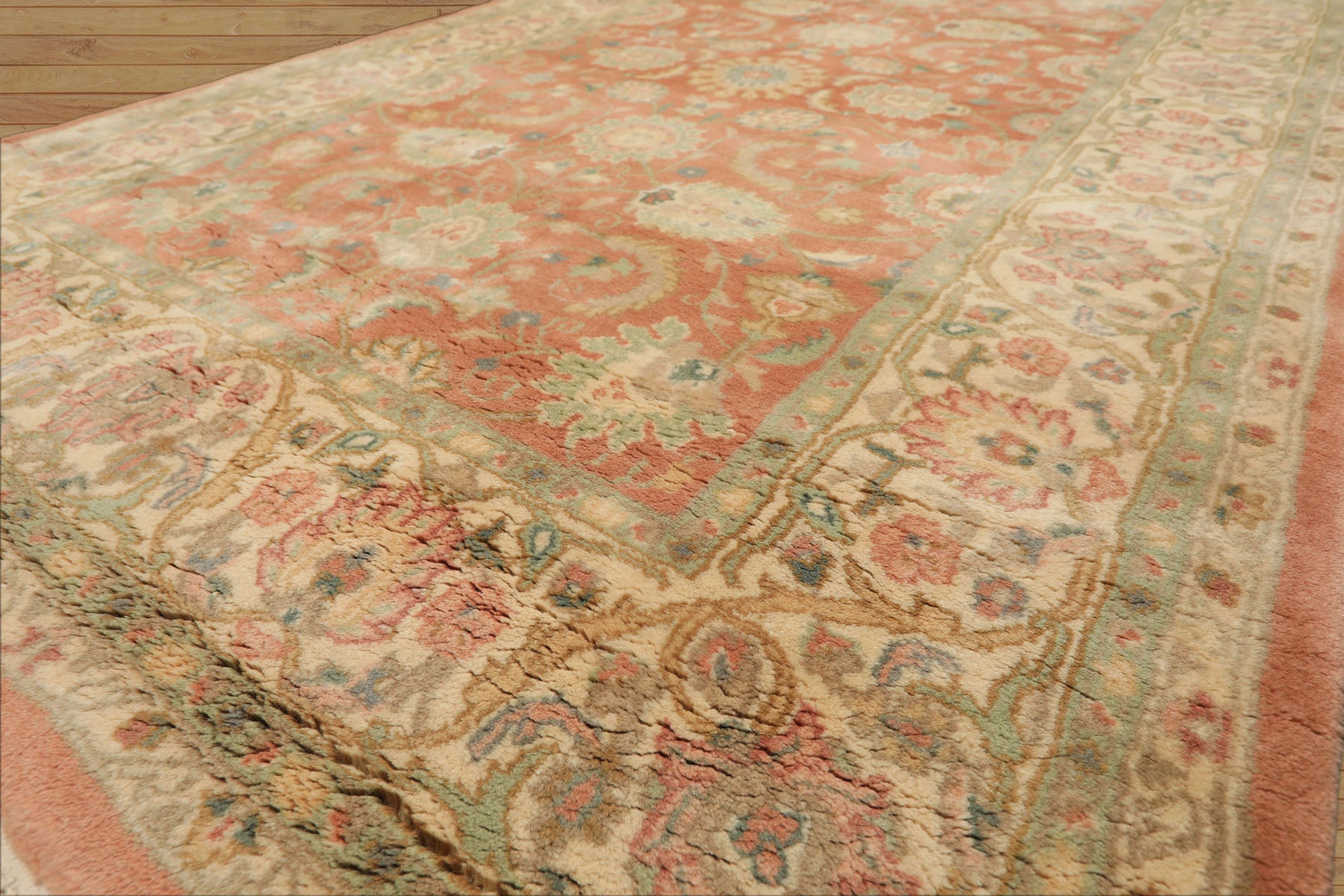 4x6 Blush, Ivory, Mint Color Hand Knotted Indo Kashan Wool Traditional Oriental Rug