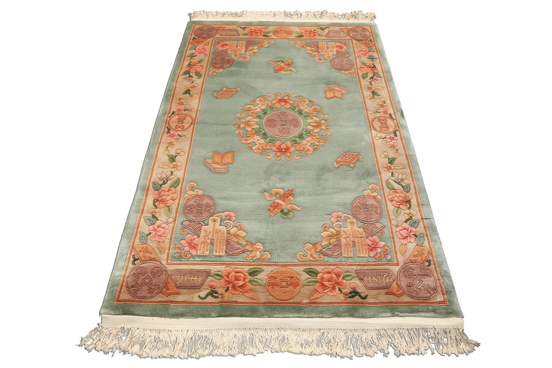4x6 Celadon, Tan, Caramel Color Hand Knotted Chinese Art Deco Wool Traditional Oriental Rug