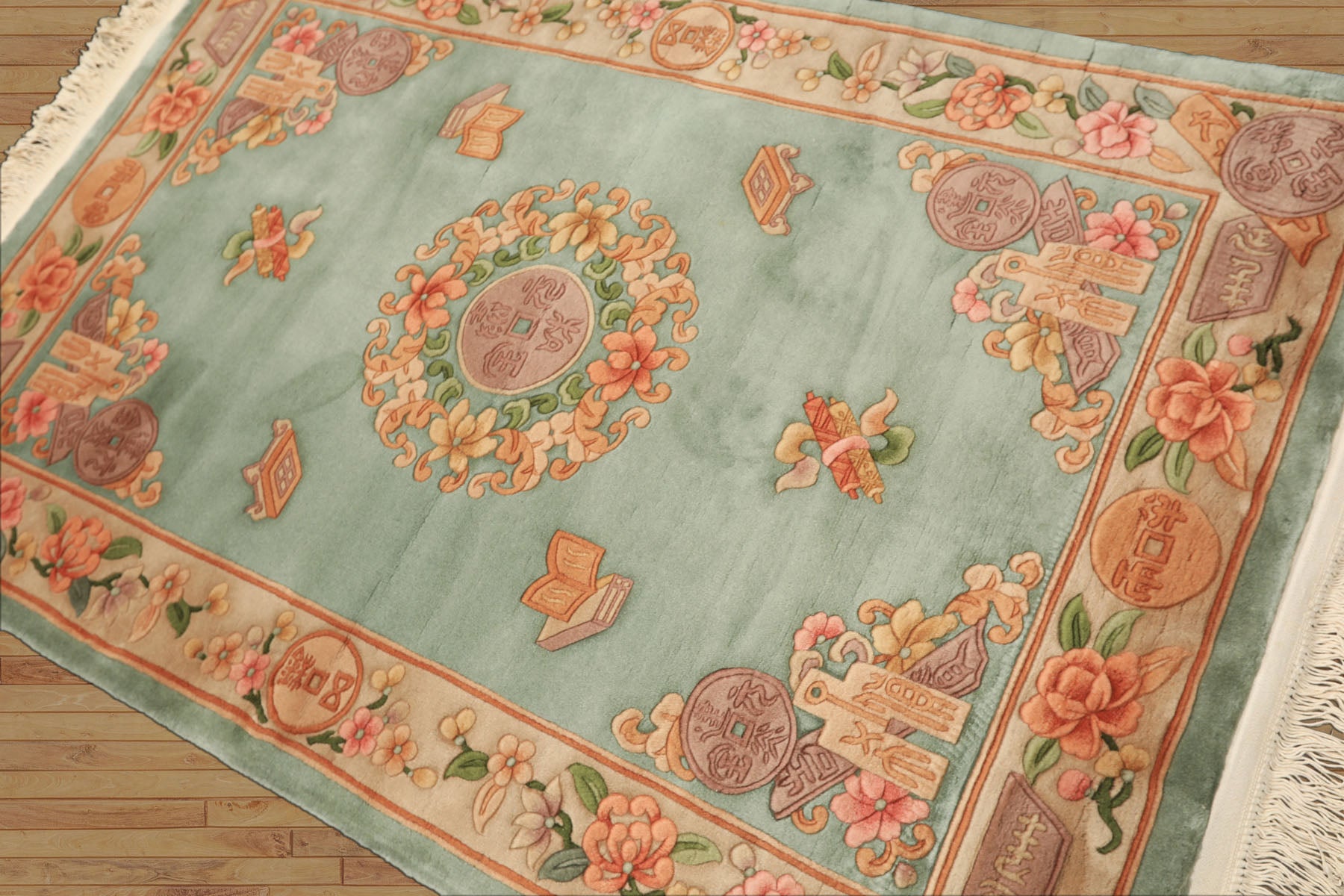 4x6 Celadon, Tan, Caramel Color Hand Knotted Chinese Art Deco Wool Traditional Oriental Rug