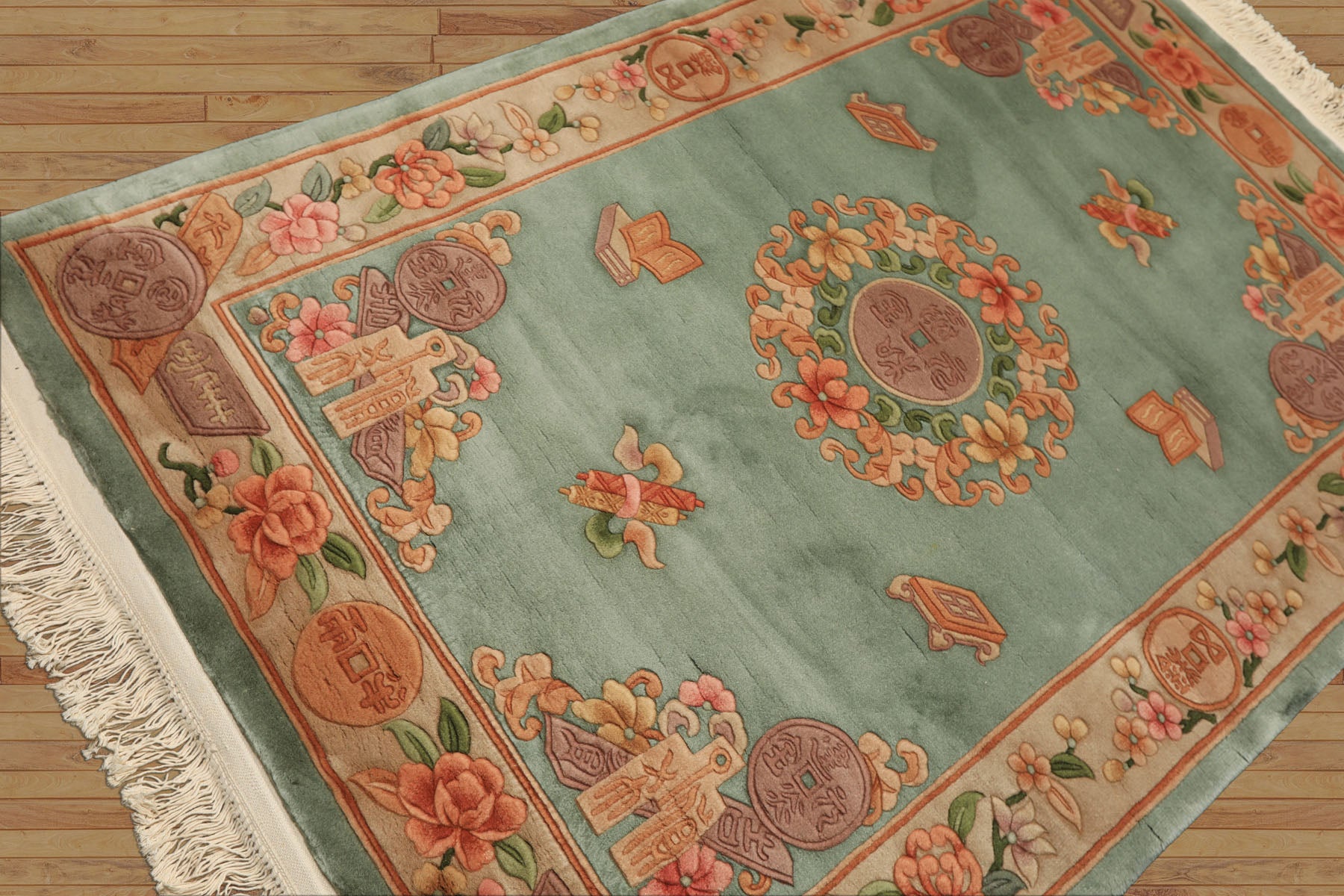 4x6 Celadon, Tan, Caramel Color Hand Knotted Chinese Art Deco Wool Traditional Oriental Rug
