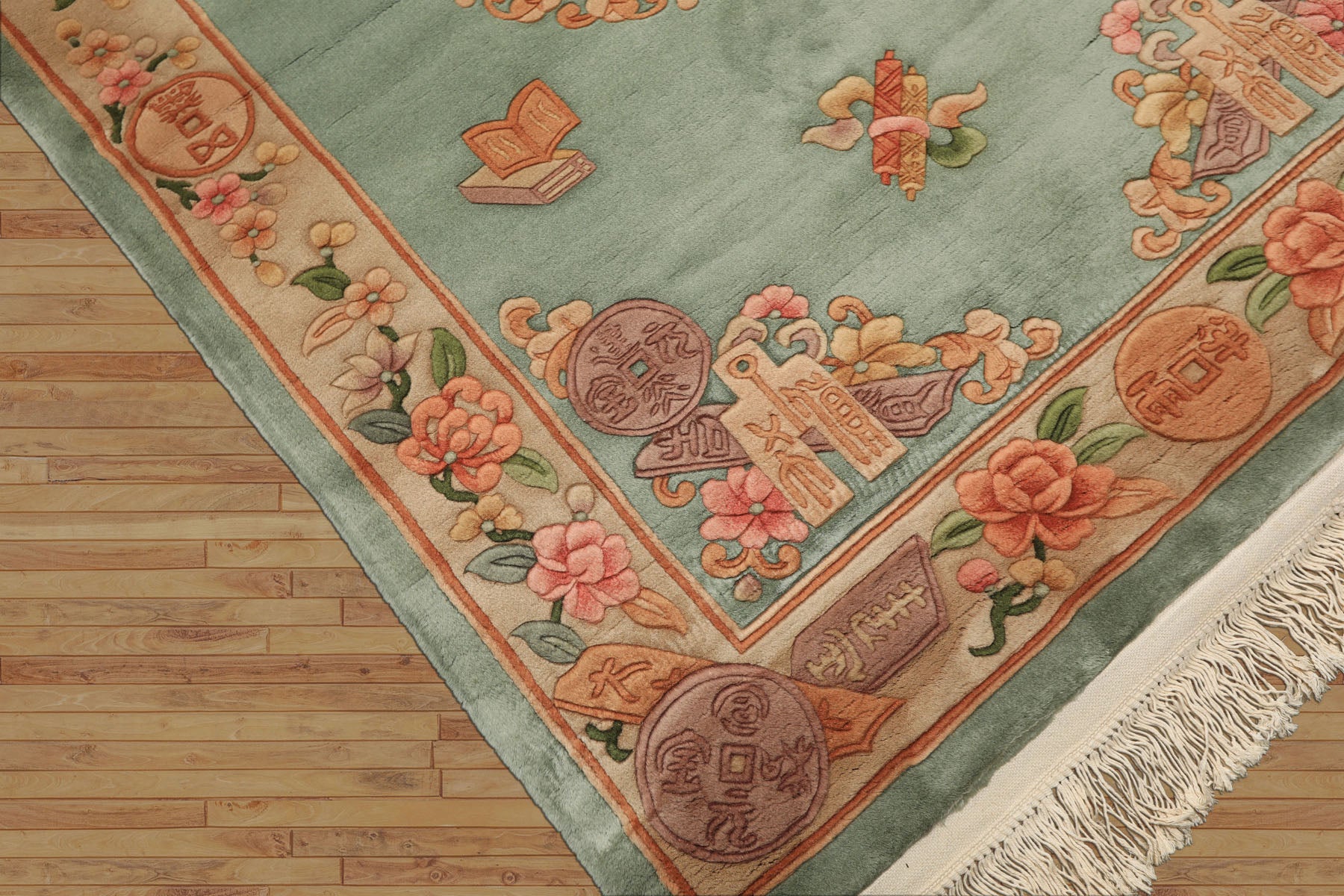 4x6 Celadon, Tan, Caramel Color Hand Knotted Chinese Art Deco Wool Traditional Oriental Rug